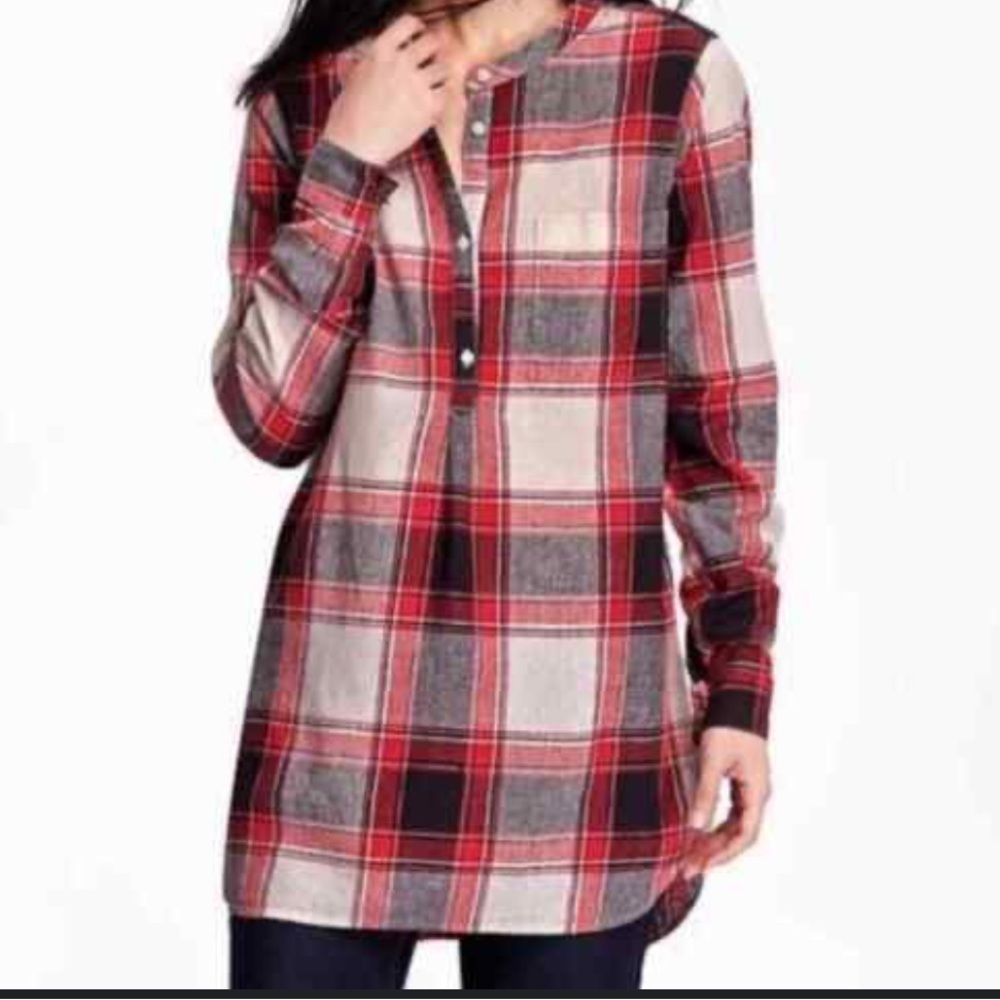 Old Navy Red Black Plaid Linen Blend Tunic Half Button Down Long Sleeve Size L